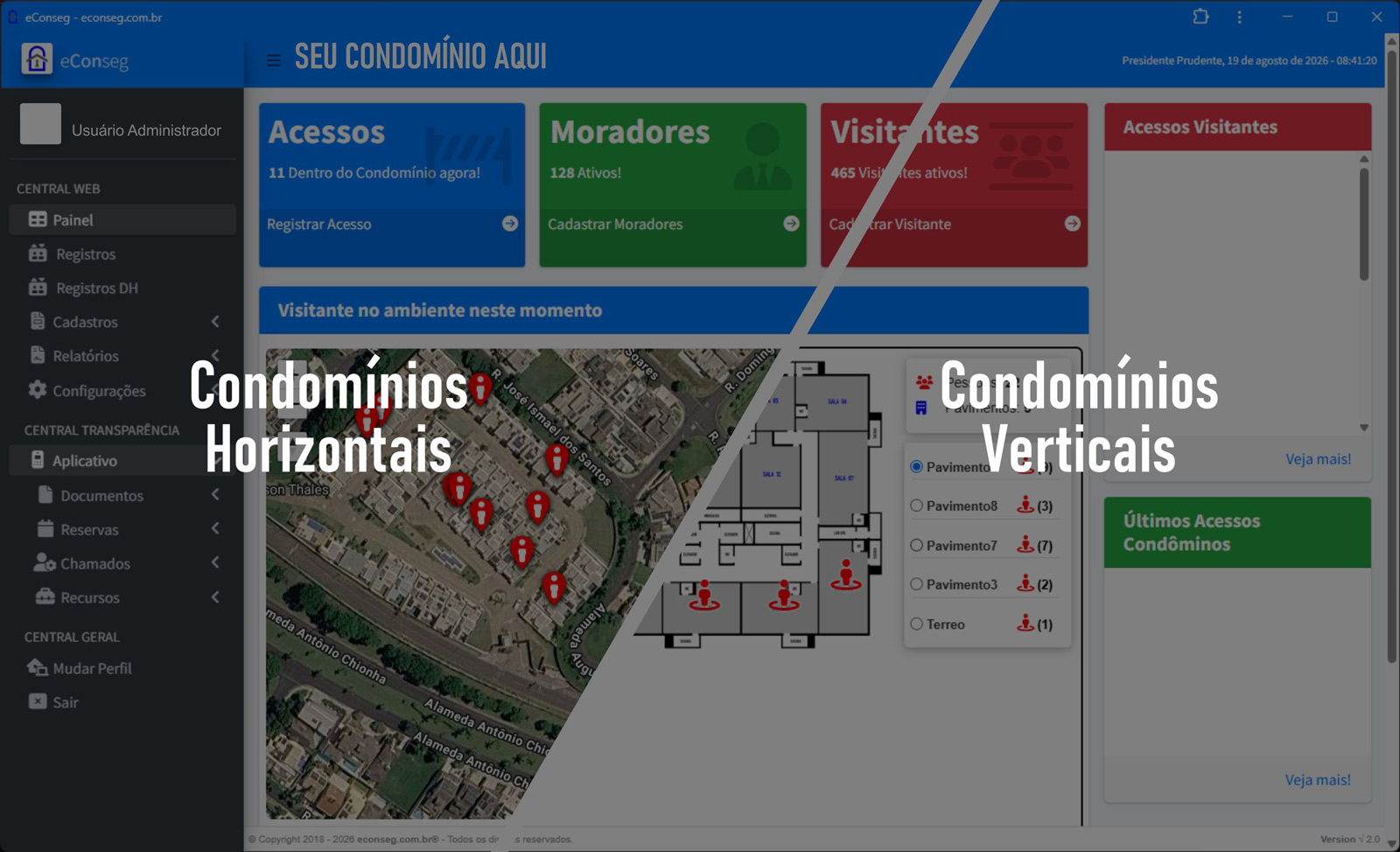 Painel da plataforma eConseg com indicadores e histórico de acessos